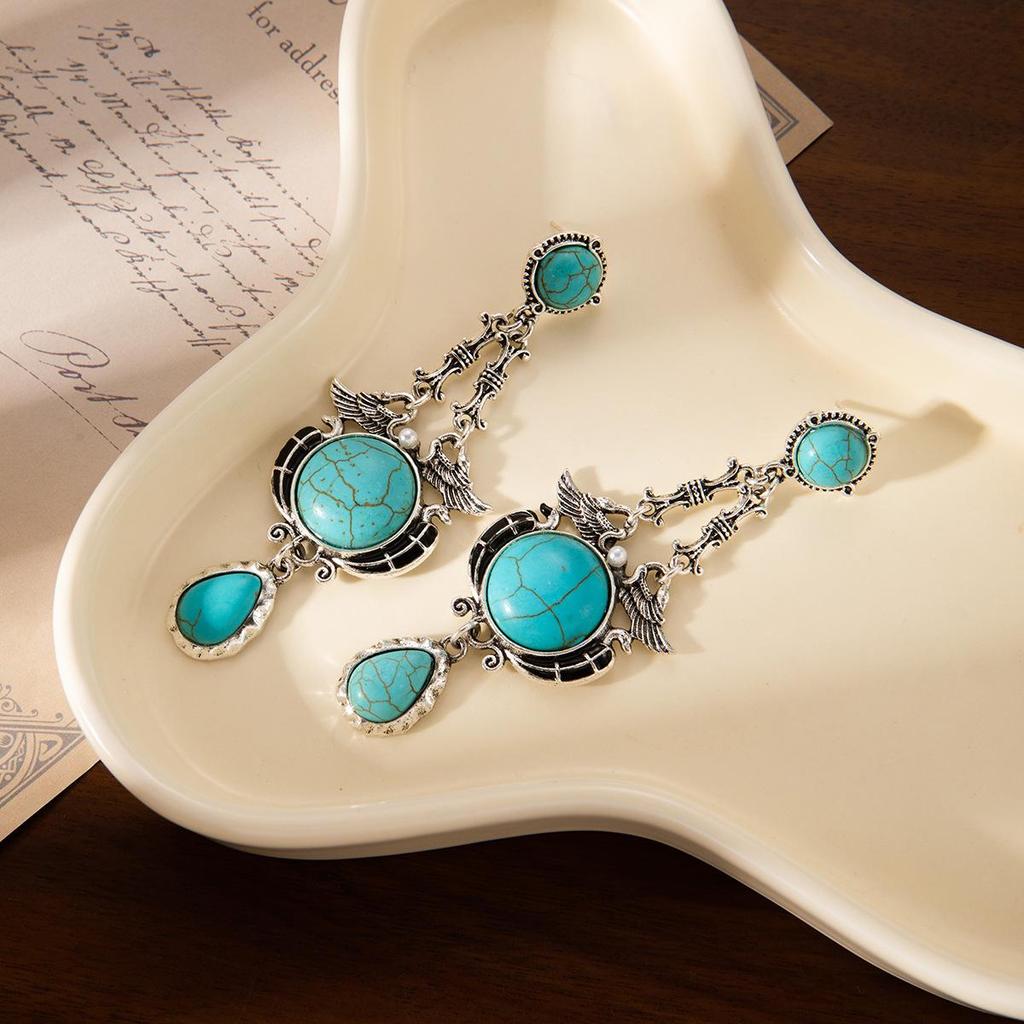 Retro Ethnic Turquoise Geometric Pendant Stud Earrings for Women - Unique Fashion Jewelry