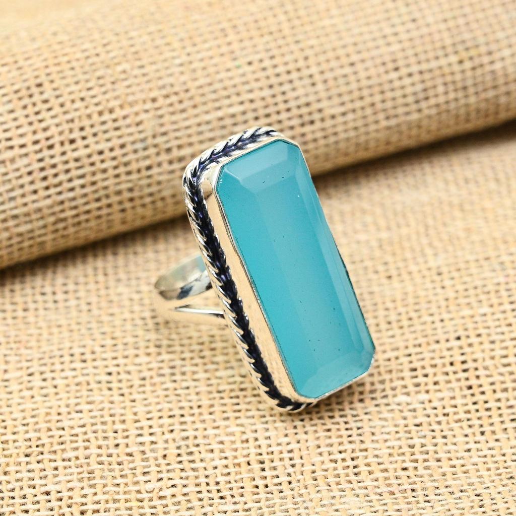 Blue Chalcedony  Gemstone Jewelry Handmade 925 Sterling Silver Ring For Wedding Gift
