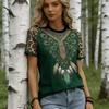 Women New Retro Harajuku Stripe Print V‑Neck Short Sleeve T‑Shirt Streetwear Casual Summer Pullover Top