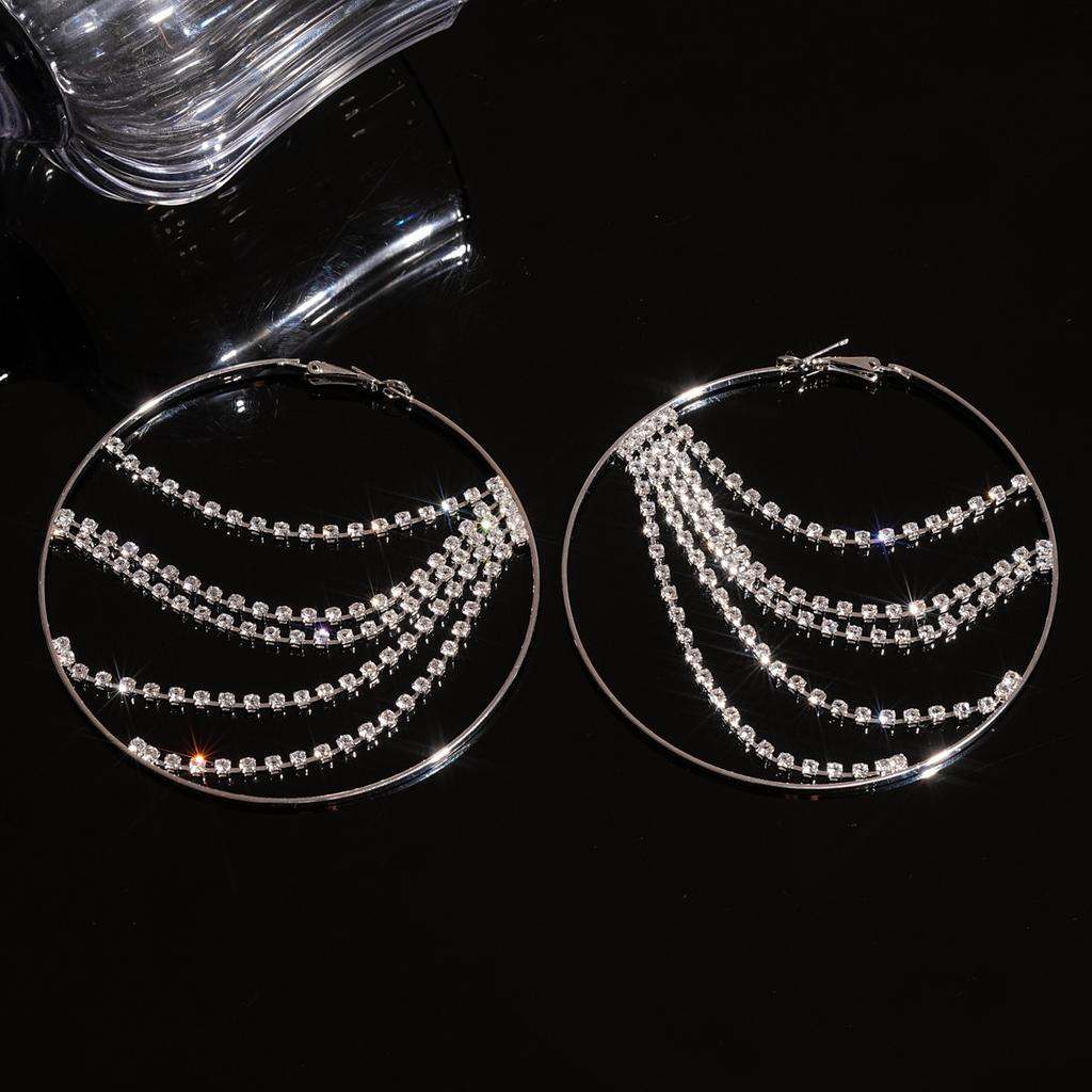 Diamond fringed circle silver needle earrings personalized fashion light luxury temperament earrings