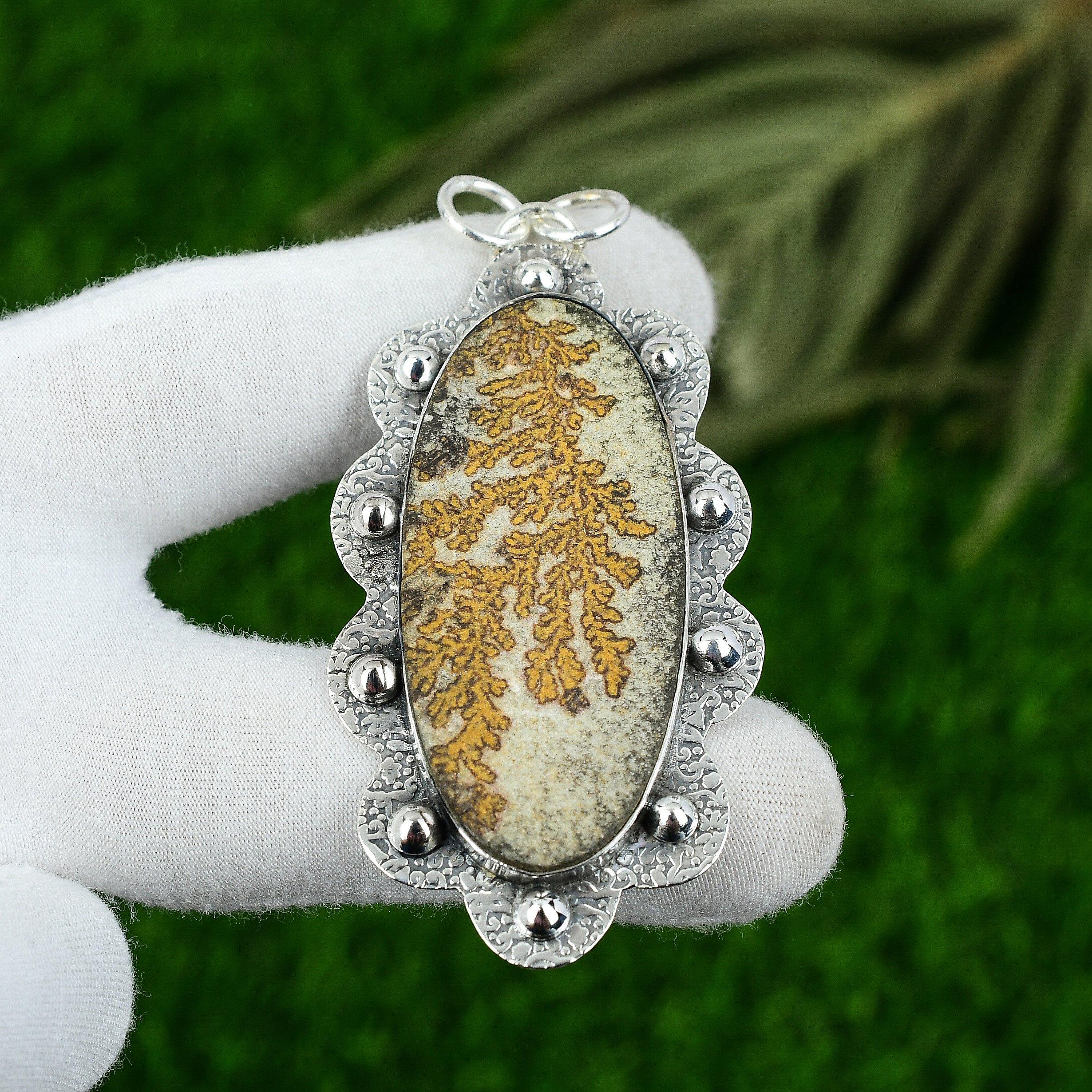 

925 Sterling Silver Oval Natural Psilomelane Dendrite Birthday Pendant Jewelry