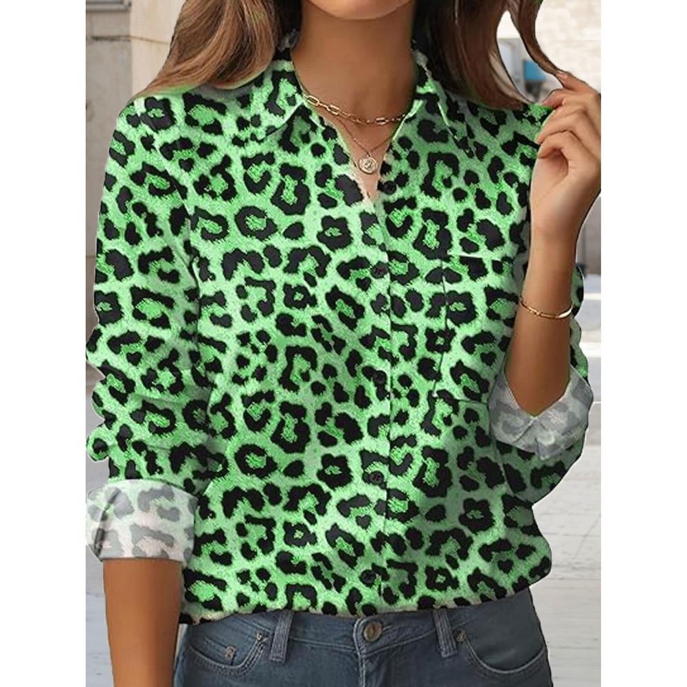 Women's Shirts Leopard Vintage Graphics Blouse Lapel Neck Blouse Women's Long Sleeve Shirts Womens Clothes Female Clothing
