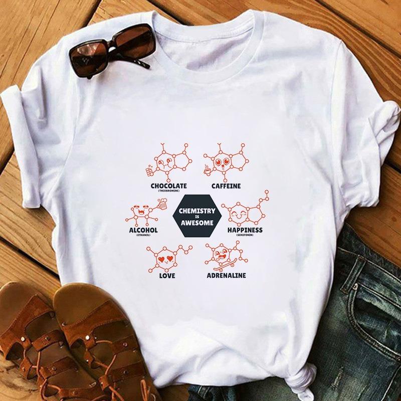 White Chemistry Themed Fun Graphic TShirt Science Enthusiasts Featuring Detailed Chemical Molecule Composition Design Top
