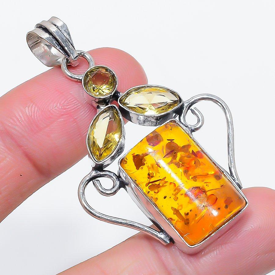 Natural Baltic Amber, Citrine 925 Sterling Silver Jewelry Pendant 2.13" S5o66