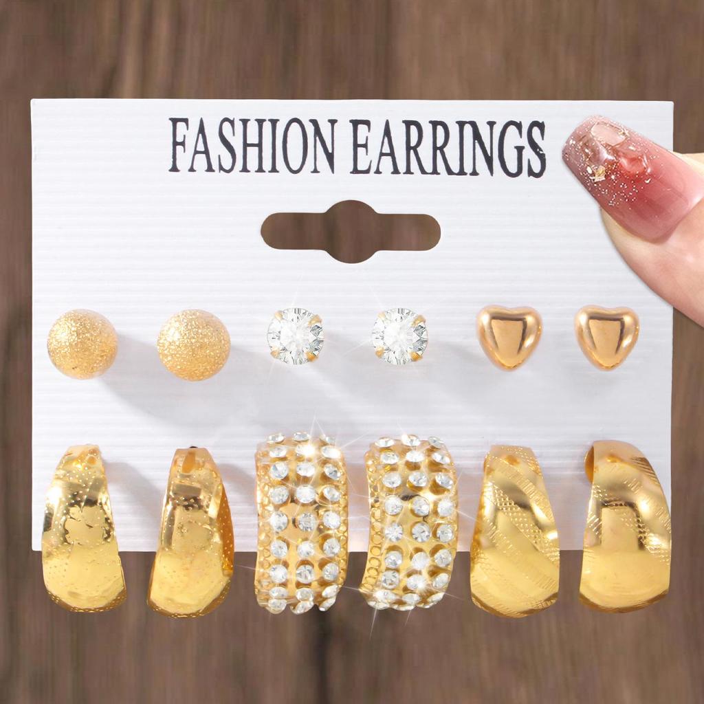 European & American Retro Geometric Hammered Textured Earrings 6-Piece Set: Creative Heart Diamond Stud & Alloy Earrings