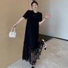 Plus Size Loose Stitching Lace T-shirt Black Dress Women