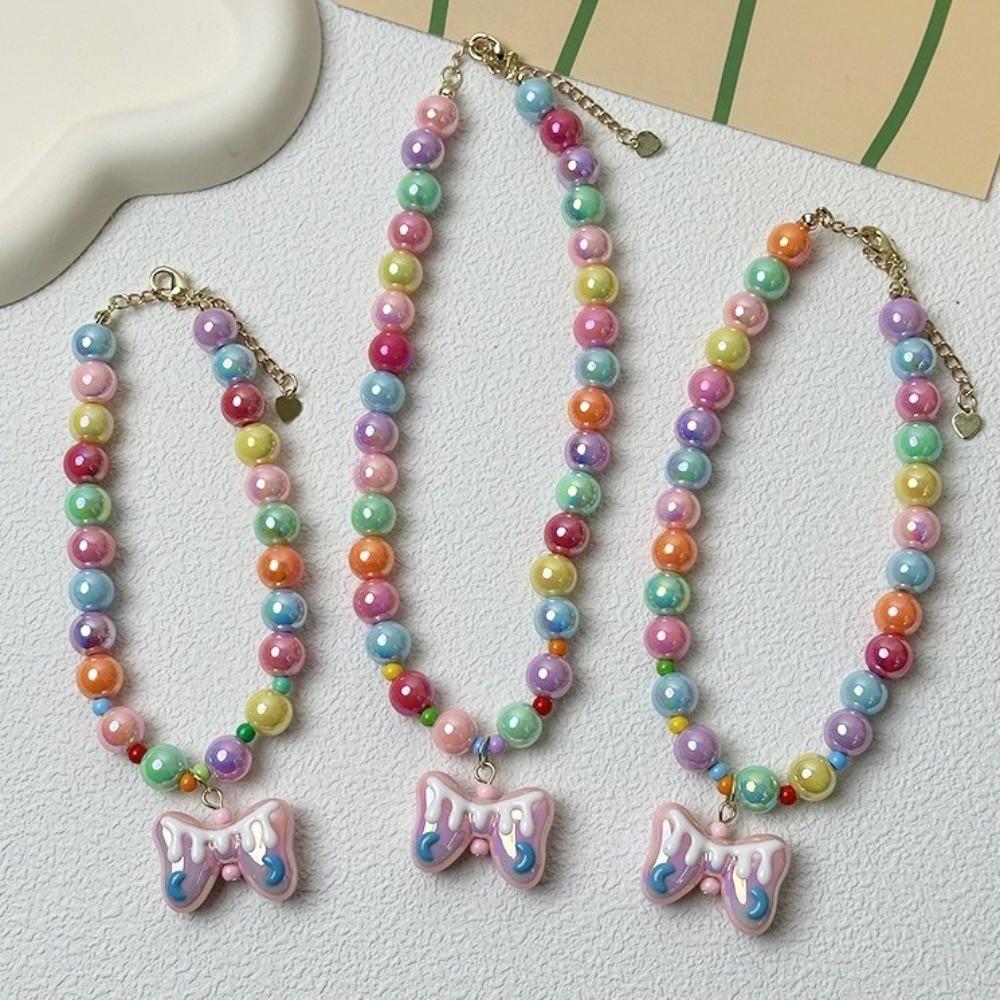 Colorful Rainbow Beaded Pet Necklace Bow Pendant Dog Cat Pet Collar  Pet Costume Accessories