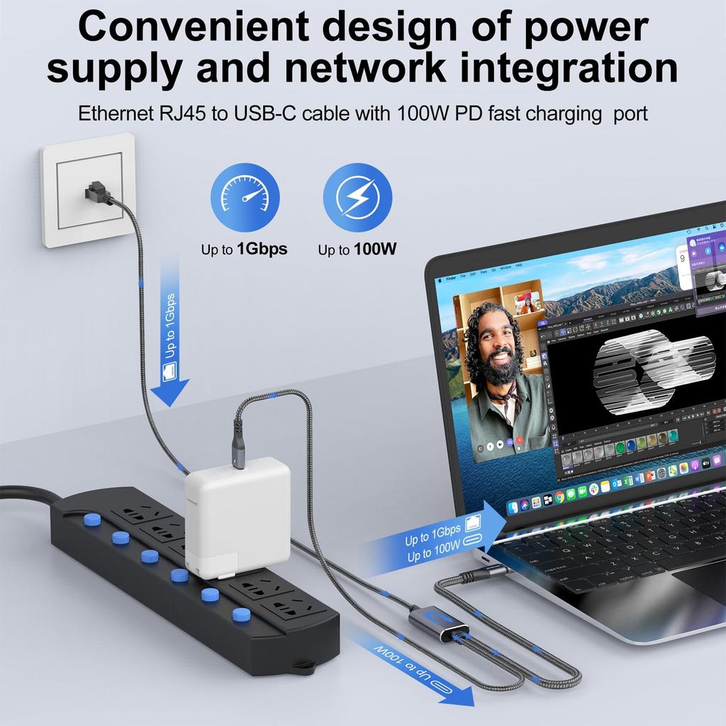 Dutevolns 3m USB C to Ethernet Cable with Male 100W PD Fast Charging and Gigabit LAN Type C to RJ45 Nylon Cable with Power Transmission Port Adjacent