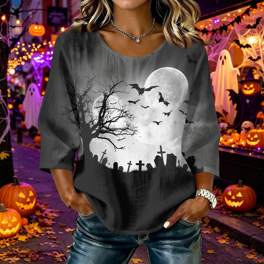 Women Casual Halloween Printed Round Neck Three Quarter Sleeve Linen Blend Top Lightweight Comfortable Autumn Blouse