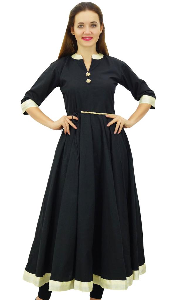 Bimba Women's Indian Ethnic Cotton Kurta Long Anarkali Kurti With Wooden Beaded String Belt| Black|