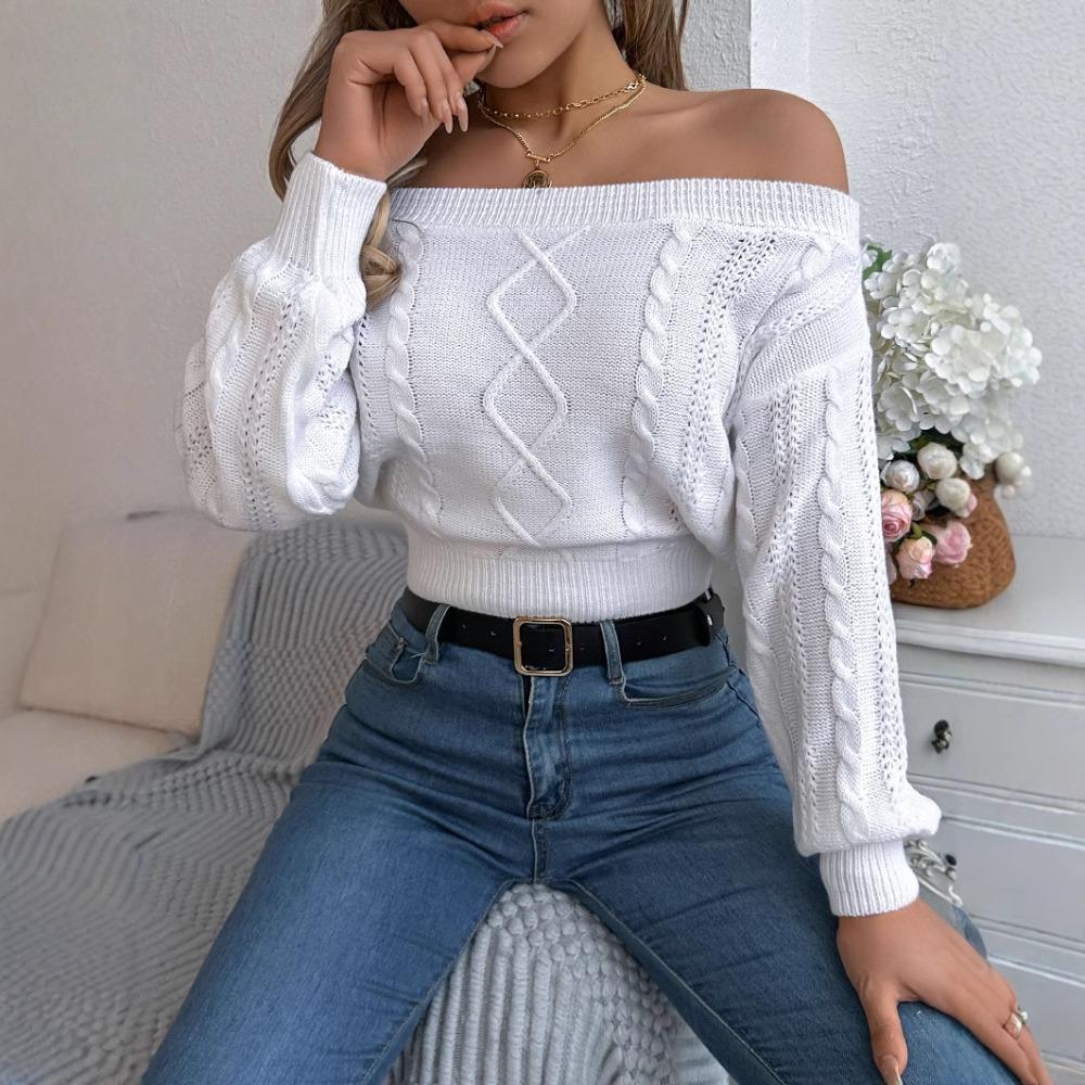 Women's Knitted Sweater Casual Solid Colour Off-the-Shoulder Long-Sleeved Pullover Sweatshirt