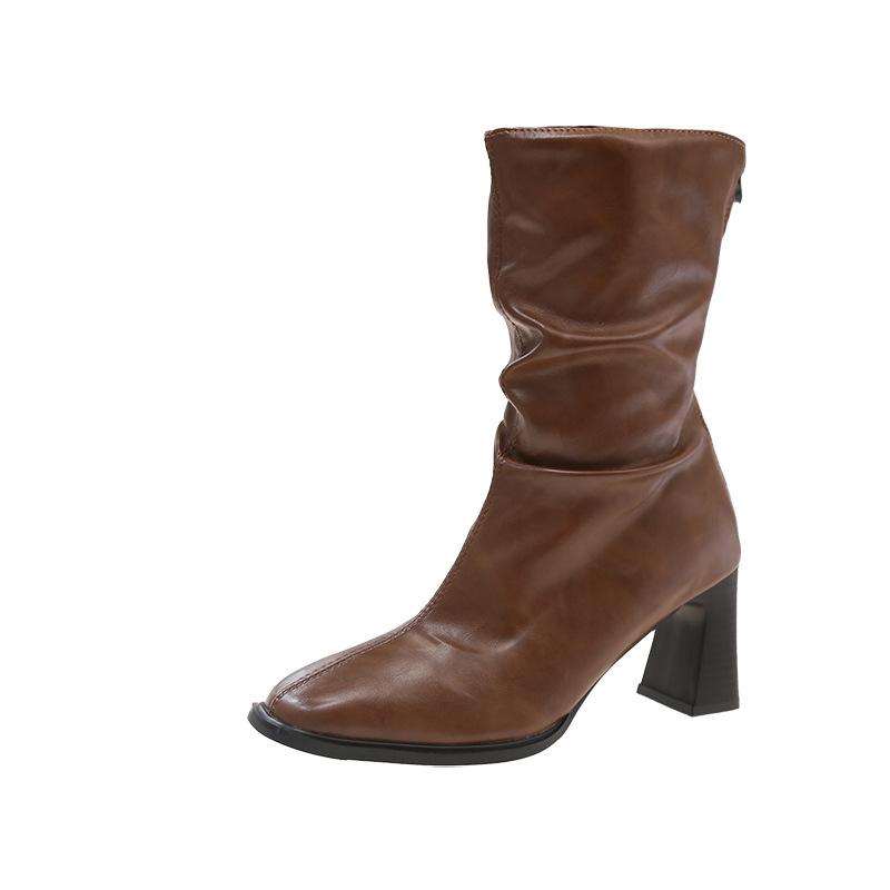 

French short boots women s 2025 spring and autumn new retro fashion versatile Martin boots thick heel high heel pointed thin boots 42 коричневый