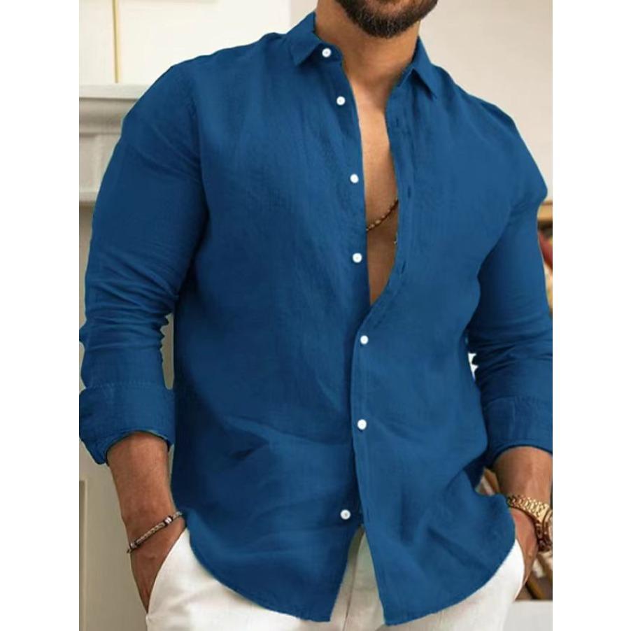 Camicia da Uomo a Maniche Lunghe Primavera Autunno Moda Colore Unico Collo a Revers Tasca Bottoni Top