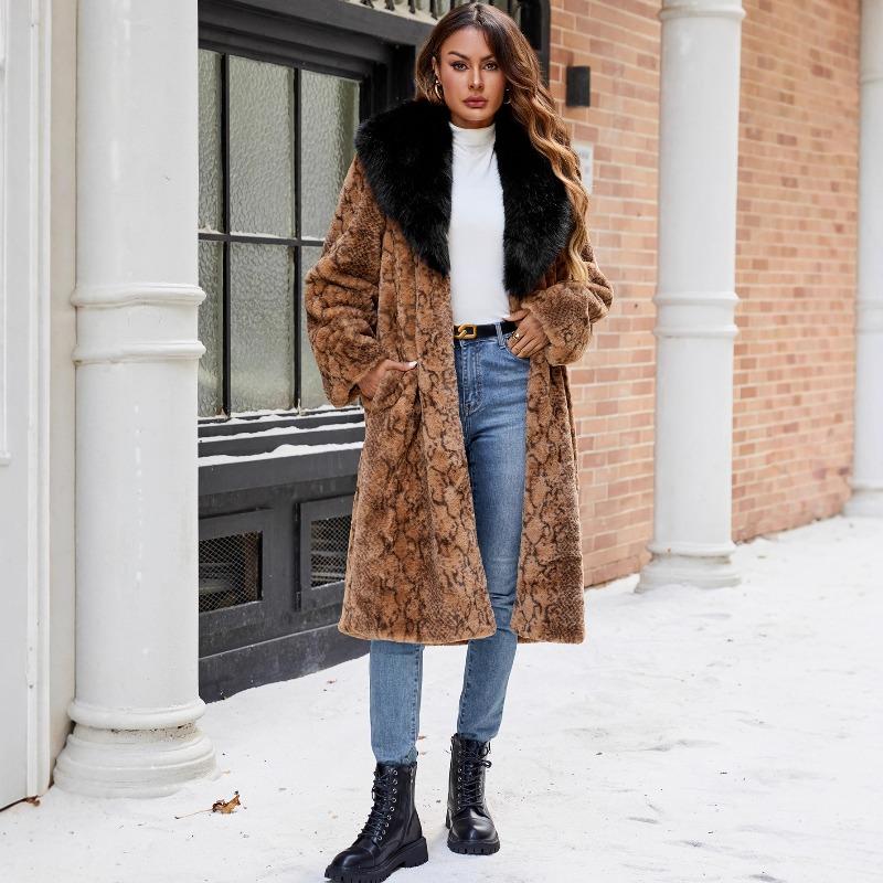 

Autumn and winter retro snakeskin pattern trendy brand thickened imitation fur plush coat XXXL