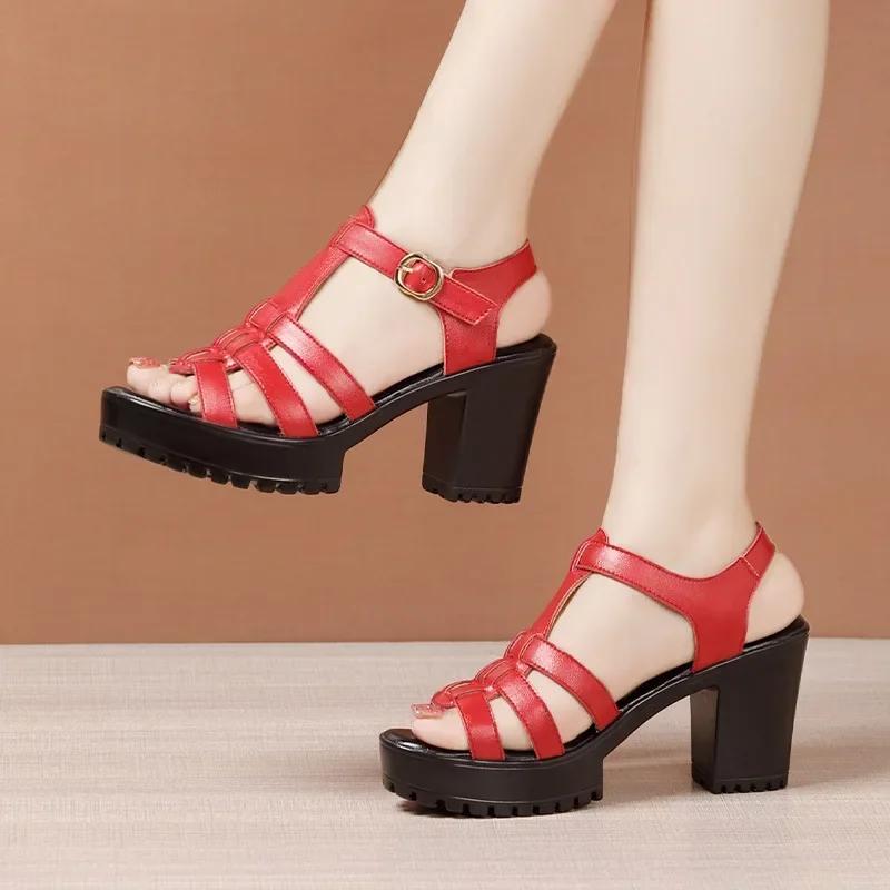 

8cm Small Size 32-43 All Match Comfortable Block High Heels Shoes Platform Sandals 2025 Summer Soft Leather Gladiator Sandals 32