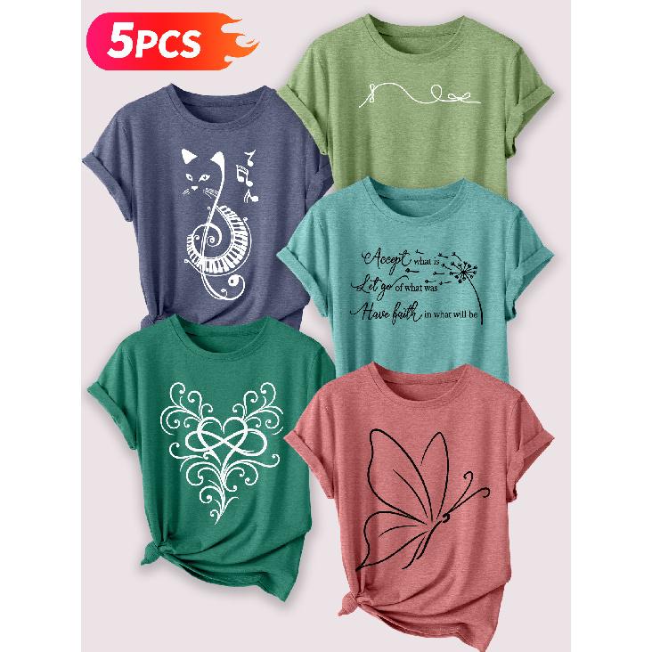 Follow a specific direction Five-piece set of women's short-sleeve tops Music-Inspired Retro Print Elegant Summer Party Outfits Elegant short sleeves