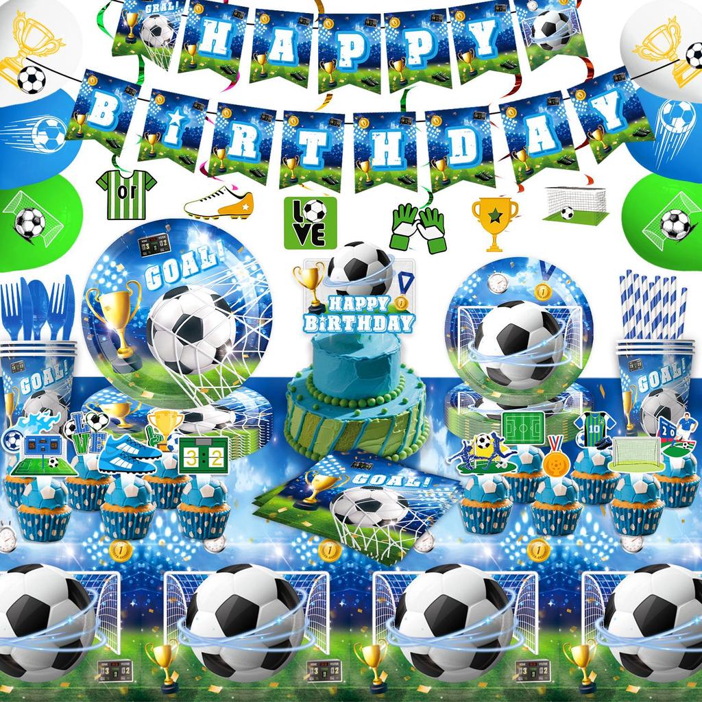 Football Theme Birthday Party Tableware Set: Disposable Tablecloth, Plates, Cups, and Decorations