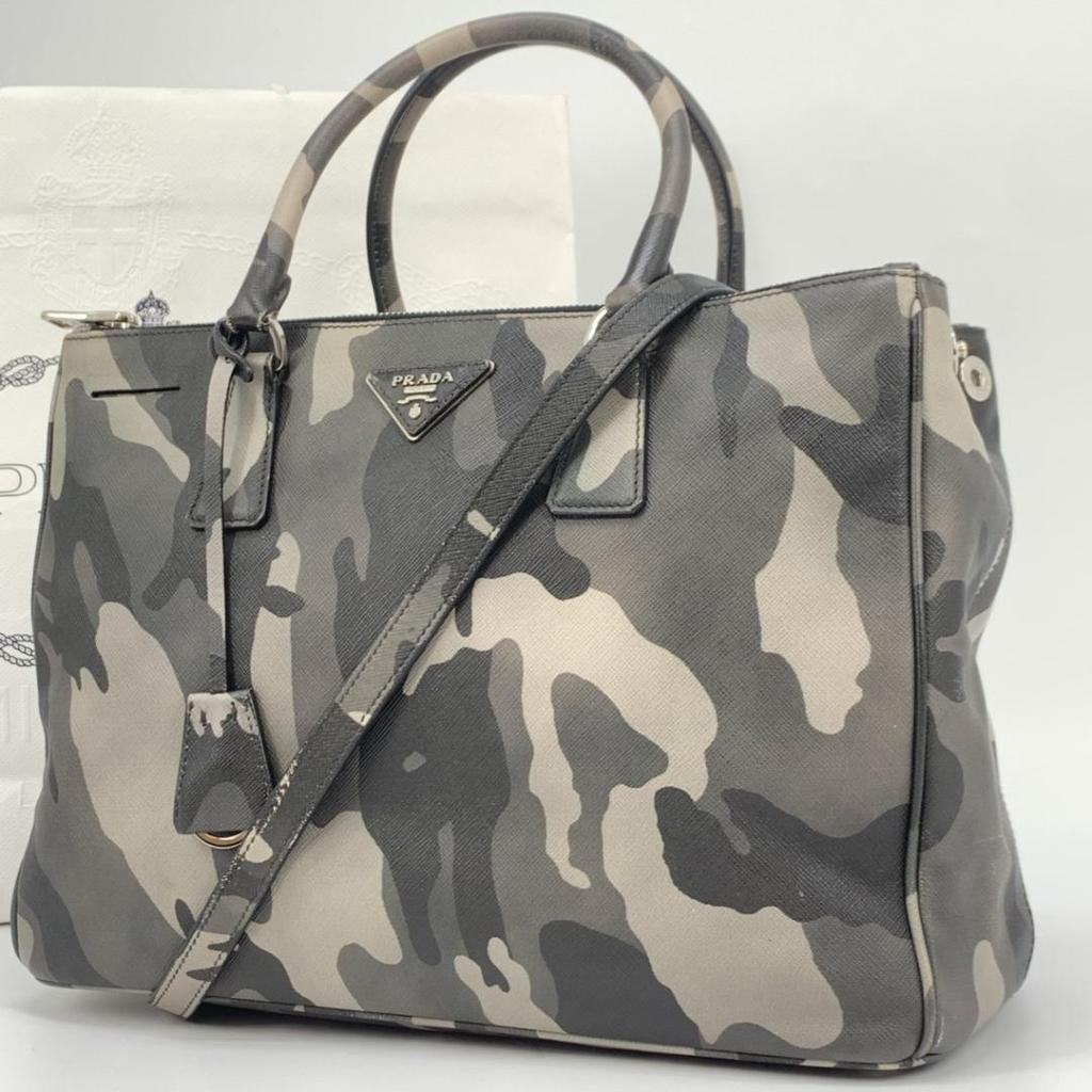 Prada Handbag Tote Bag 2-Way Shoulder Bag Crossbody Bag Silver Hardware Leather Genuine Leather Camo Camouflage