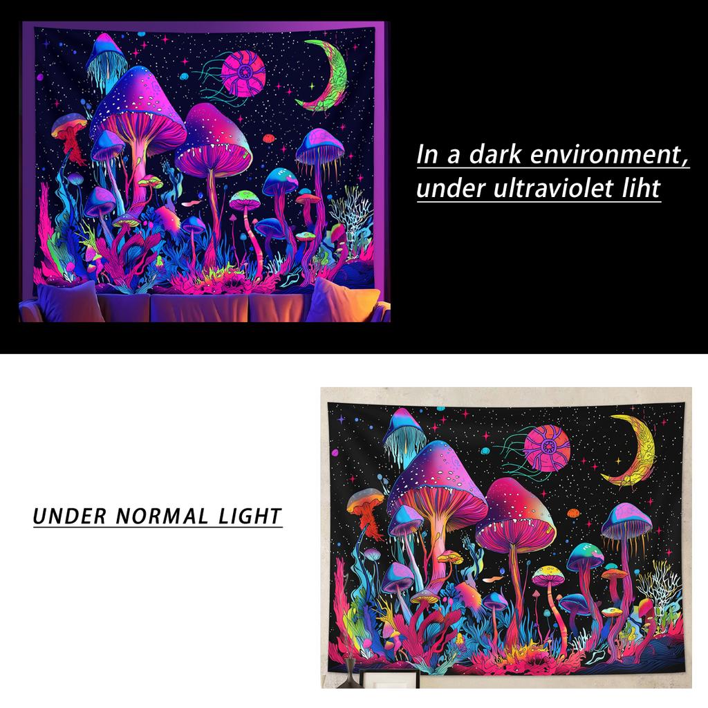 1pc Fluorescent Mushroom Moon Tapestry, UV Black Light Fantasy Plant Starry Sky Tapestry, Home Decoration Wall Hanging