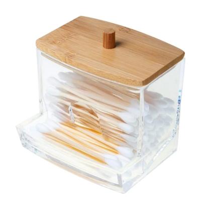 Cutie cu tampon de bumbac - Husă transparentă din bambus Cutie de depozitare pentru scobitoare cu tampon de bumbac rezistent la praf Dispenser vizibil multifuncțional