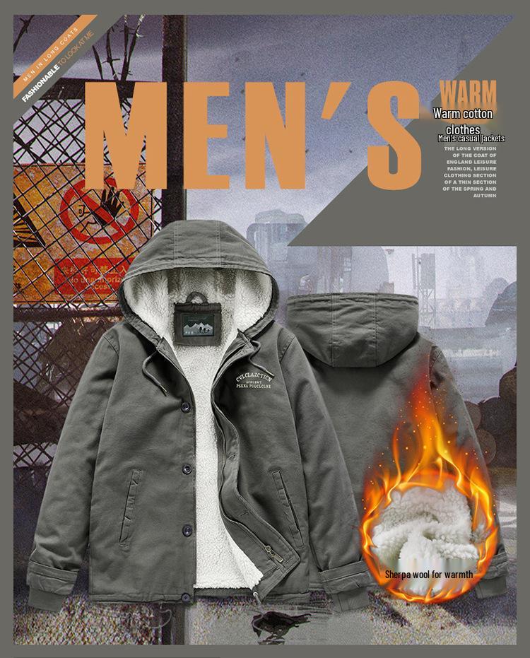 Lambswool Hooded Fleece-Lined Coat, Warm Outdoor Casual Plus Size Cotton Jacket