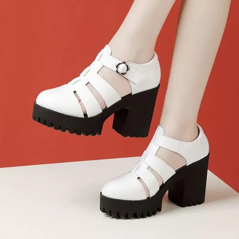 8cm 10cm Size 32-43 Genuine Leather Shoes Chunky Platform Sandals 2025 Block High Heels Sandals Black Office Model Mom