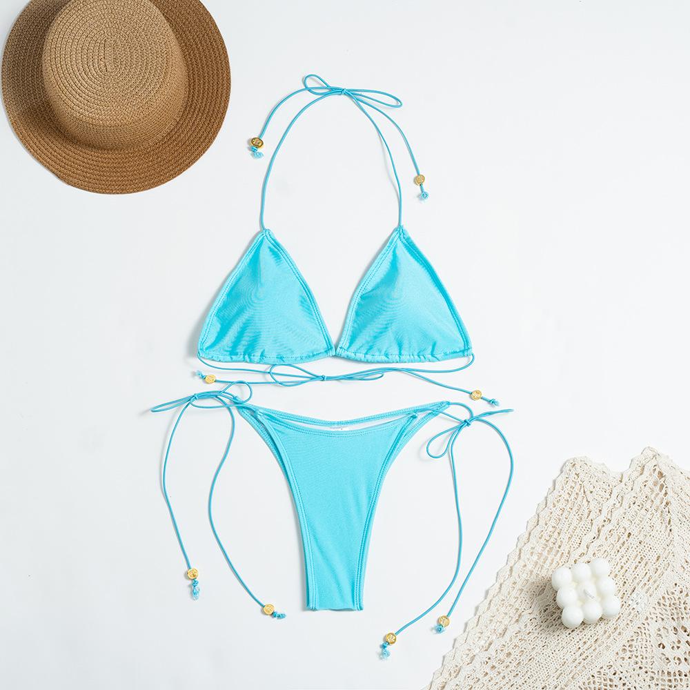 New solid color nylon bikini suit straps split swimsuit women's multi-color