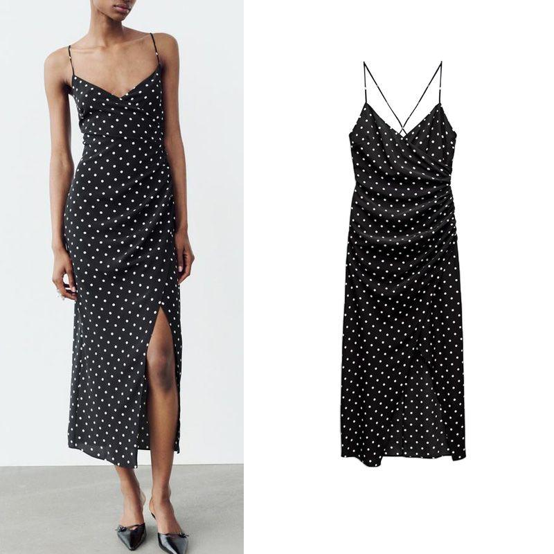 Spring New Arrival French Style V-neck Camisole Ruched Decorative Polka Dot Print Midi Skirt Dress 2976764