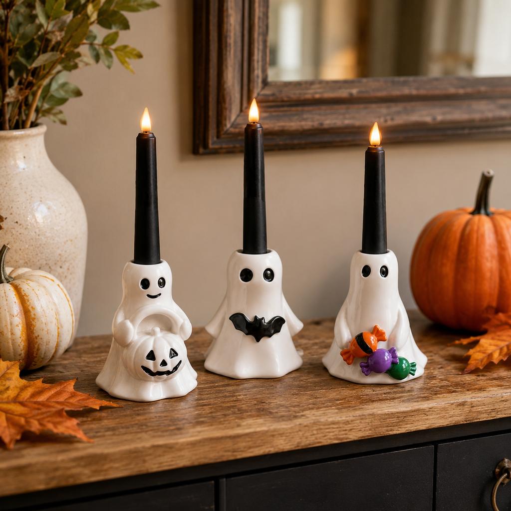 3 Piece Halloween Candle Holder Set, Cute Resin Tabletop Decor for Mantel and Party