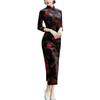 Sleeve Cheongsam Dress with Ginkgo Leaf Chinese Party Formal and Size Long, 3/4 Design, Velvet, Clothing, Slit, Dress, (Black Red, XL)
