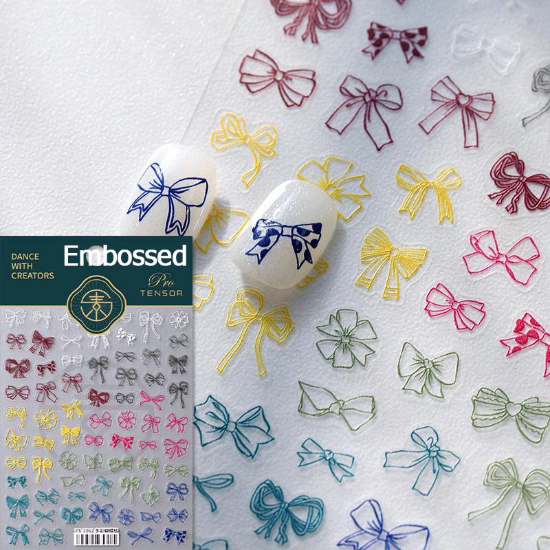 Shiny Polarized White Ribbon Bowknot Stars Tassel 3D Self Adhesive Nail Art Stickers Lovely Bow 5D Embossed Manicure Decals