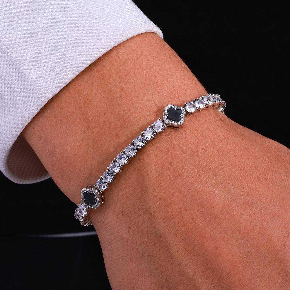 Hip-Hop Copper Zircon Four-Leaf Clover Tennis Chain Exquisite Diamond-Set Fashion Versatile Accessories Bracelet bracelet 7inch (length 18cm)