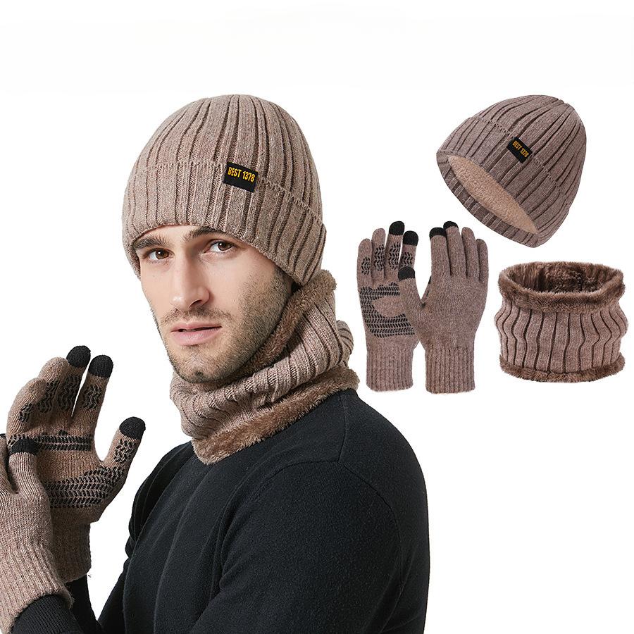 Herren Strickmütze, Schal, Touchscreen-Handschuhe, Dreiteiliges Set, Winterverdickt, Hochelastisch, Warmes Set