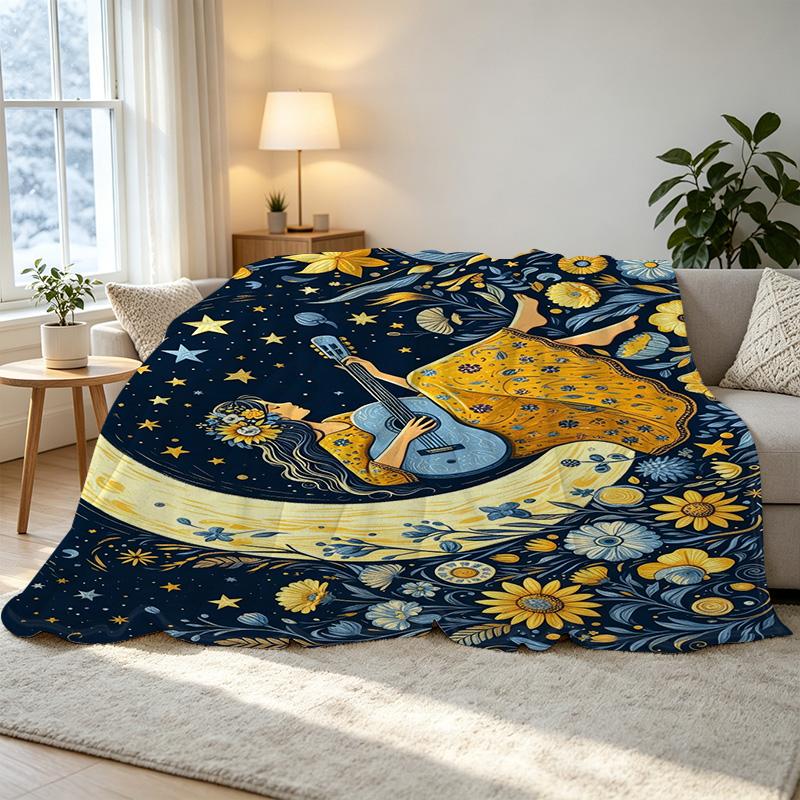 Dreamy Illustration Flannel Blanket - Anti-Pilling, Soft Warm All-Season Throw, Ideal for Postpartum, Home Decor, Bedroom, Halloween & Christmas Use