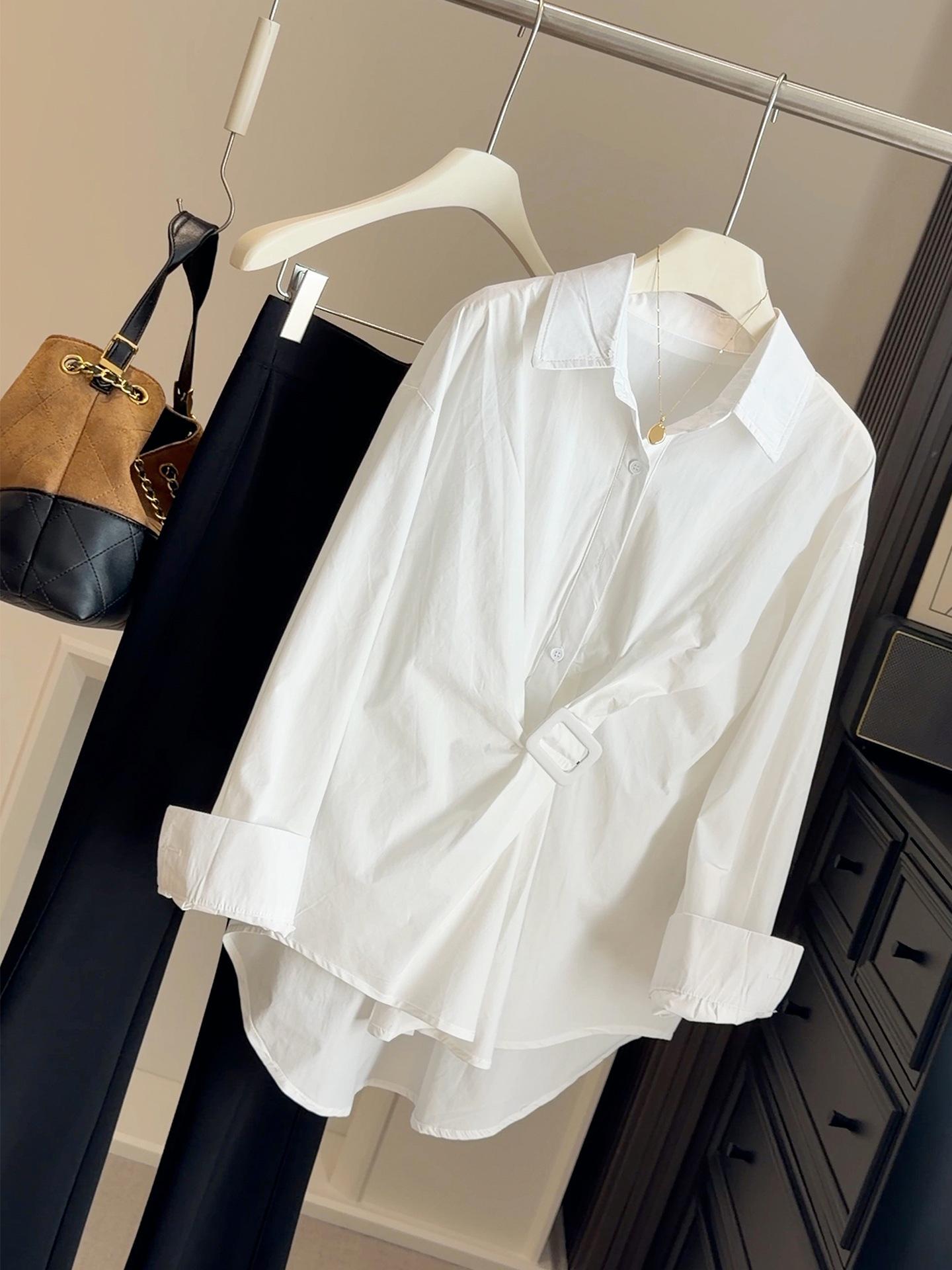 Women s Spring French-Style Irregular Waist Shirt with Diagonal Buttons One Size белый