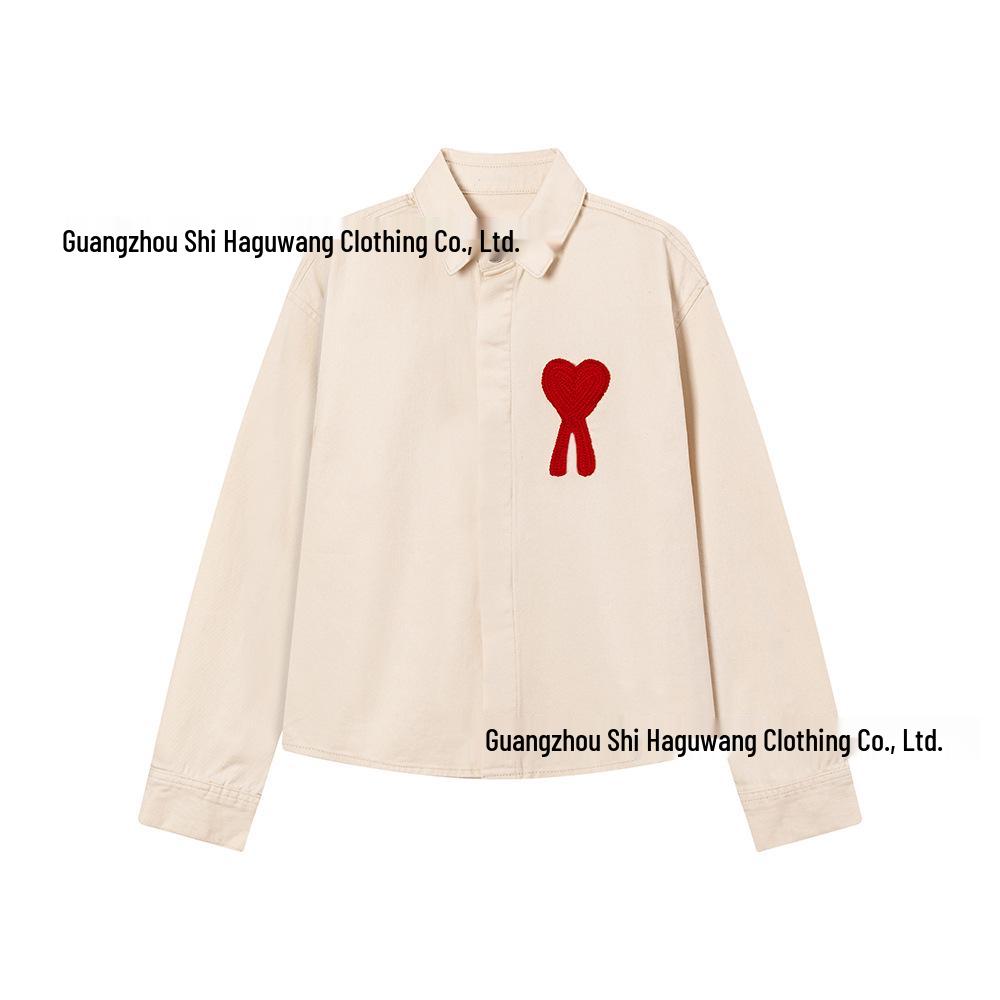 AMI CLAMS 25 Wiosna/Jesień Dżinsowa Kurtka z Haftowanym Sercem - Unisex Luźny Krój Codzienna