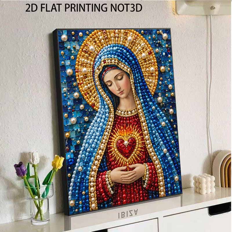DIY Framed Pearl Bead Art Kit Religious Virgin Mary Jesus Sacred Heart Sparkling Canvas Painting for Modern Room Wall Decor Gift