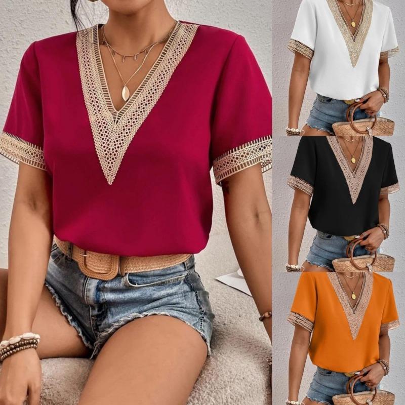 Summer Women's Short-sleeved T-shirt New Short-sleeved Solid Splicing Lace Chiffon Foreign Style Commuter OL White