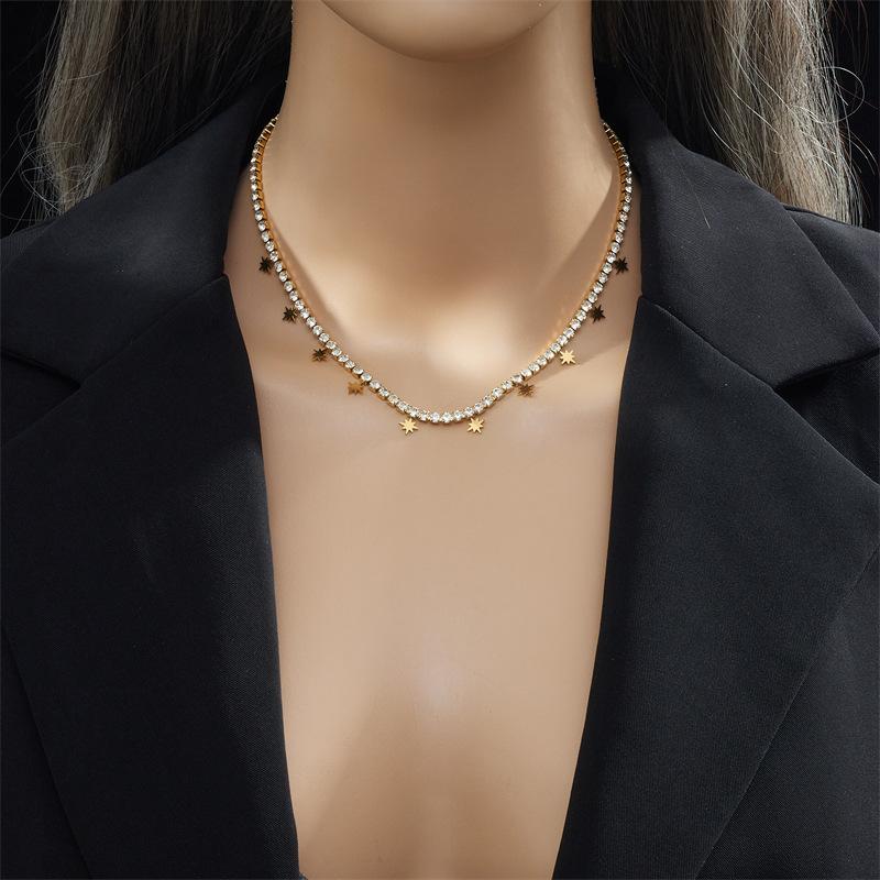 Gold Plated CZ Tennis Chain Star Pendant Necklace, Stainless Steel Dainty Y2K Choker, Waterproof Sparkly Jewelry for Women Gift