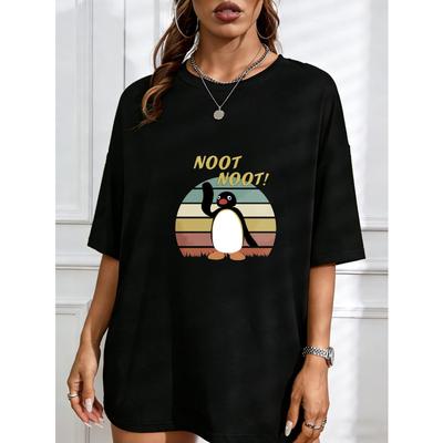 T-shirt Bianca con Pinguino e Testo Noot Noot Design Tramonto Vintage Abbigliamento Estivo Casual per Donna