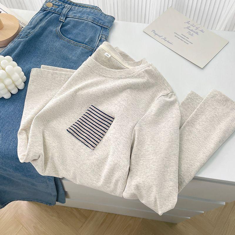 

Vintage Stripe Spring Long Sleeves Contrast Color Loose Bottoming Shirt Melange gray S