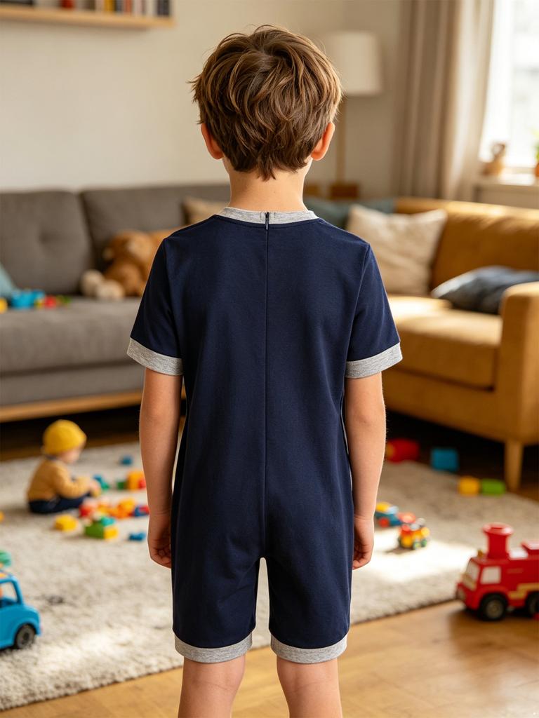 3Pcs Adaptive Anti-Strip Jumpsuit for Kids Back Invisible Zipper Round Neck Short Sleeve Contrast Color Thigh Length with Pocket