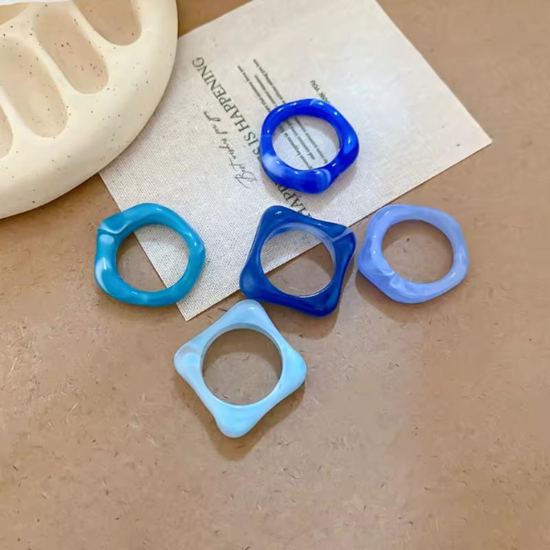 5 Stück/Set Sommer Neue und Kreative Bunte Geometrische Ringe, Modischer Täglicher Party Schmuck für Damen, Geschenke resizable blue