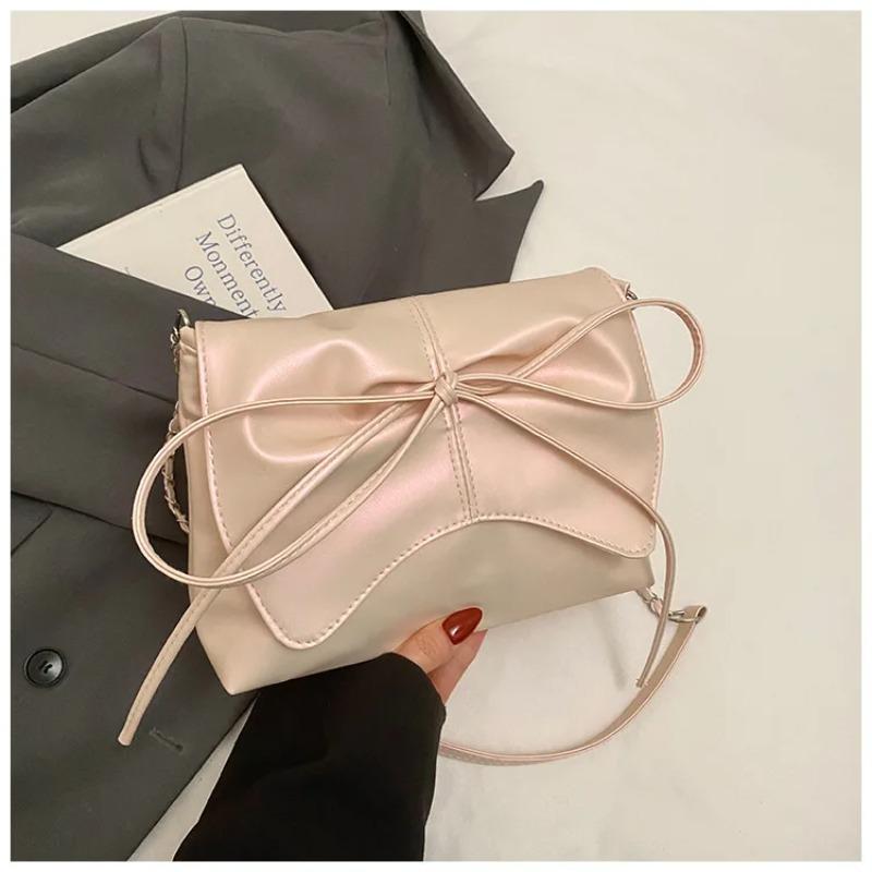 Fashi Bow Pleated Design Shoulder Bags for Women Versatile Ladies Square Crossbody Bag Solid Color Sweet Girls Pu Handbags