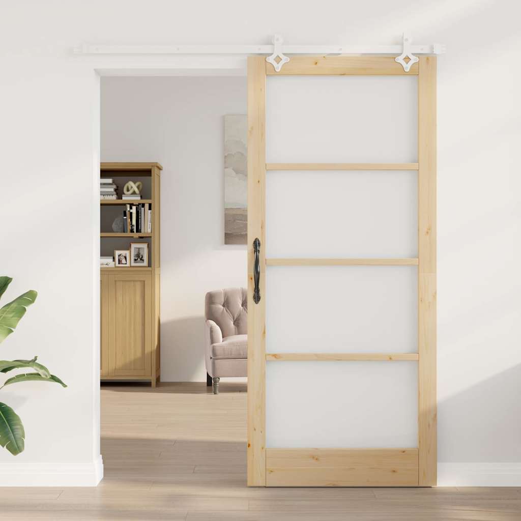 Sliding Door Natural 93 X 211 Cm Solid Pine Wood and Glass