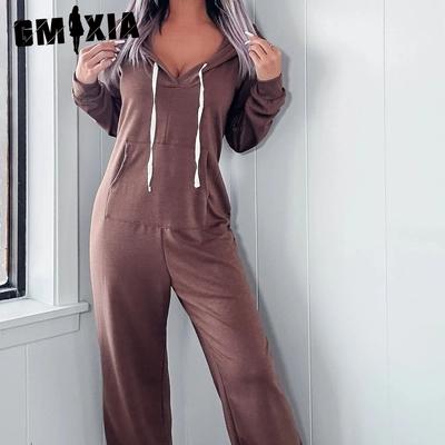 Women's Fashion Casual Solid Color Print Autumn Winter Long Sleeve Hooded Trousers Jumpsuits & Rompers