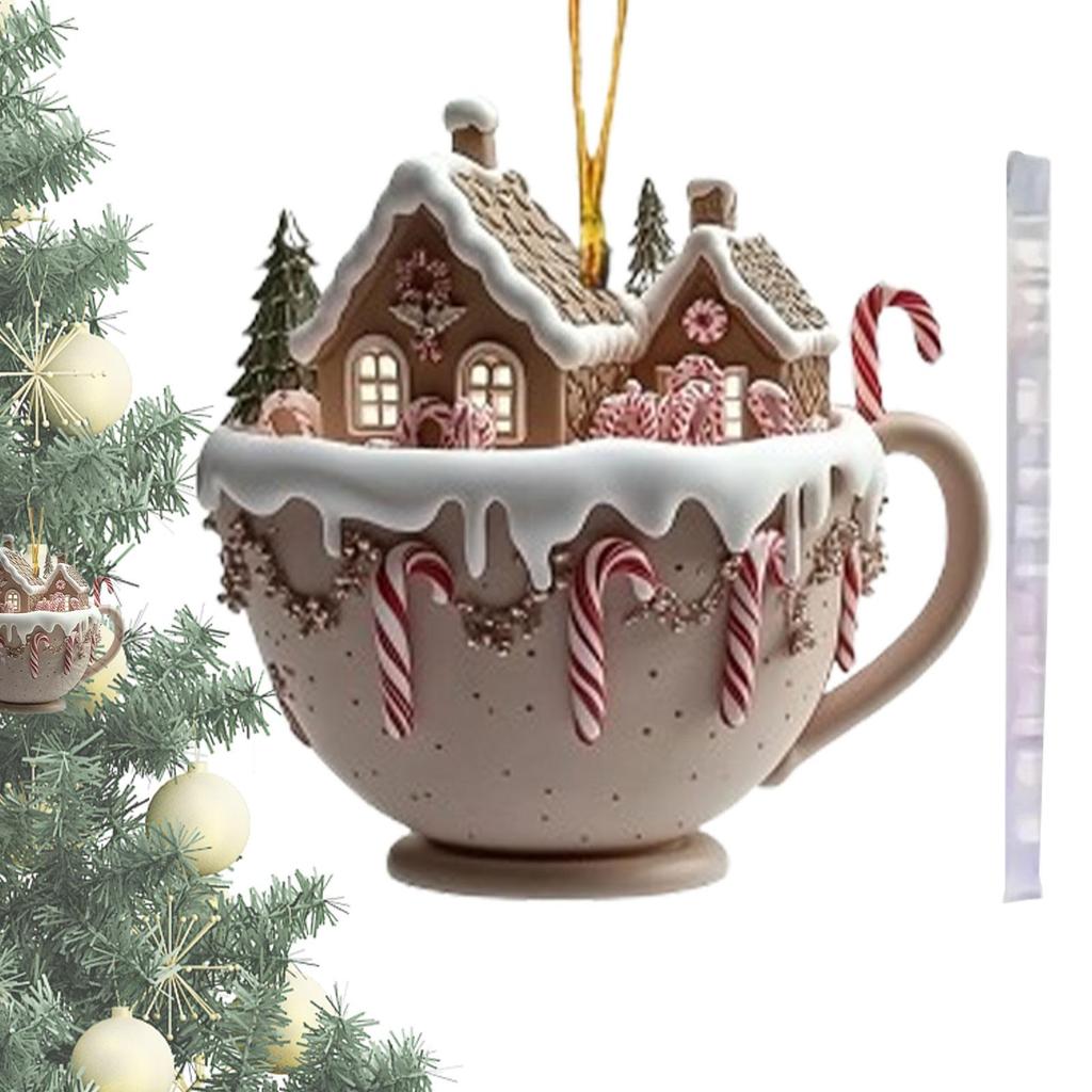 Christmas Tree Ornaments Cup House Shape Vintage Decorative Ornament Decor 2D Festive Acrylic Pendant for Hallway Bedroom