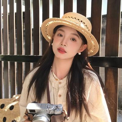 Cute Handwoven Straw Hat Hollow Out Flat Top Fisherman Hat Breathable Panama Hat for Beach Vacation