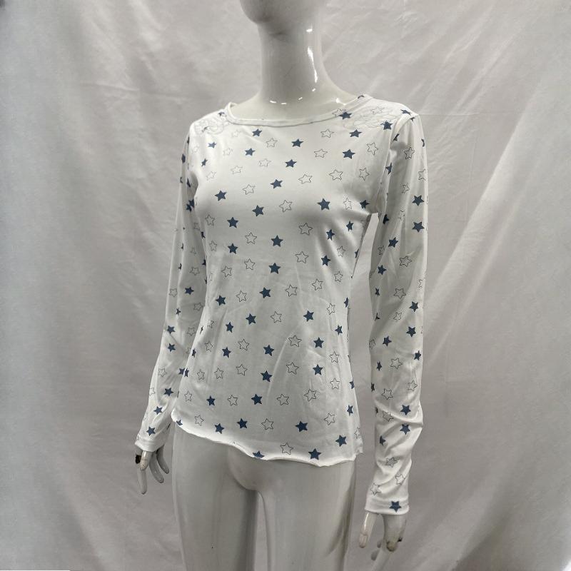 Y2K autumn sweet and fresh star print long sleeved women's round neck slim fit top