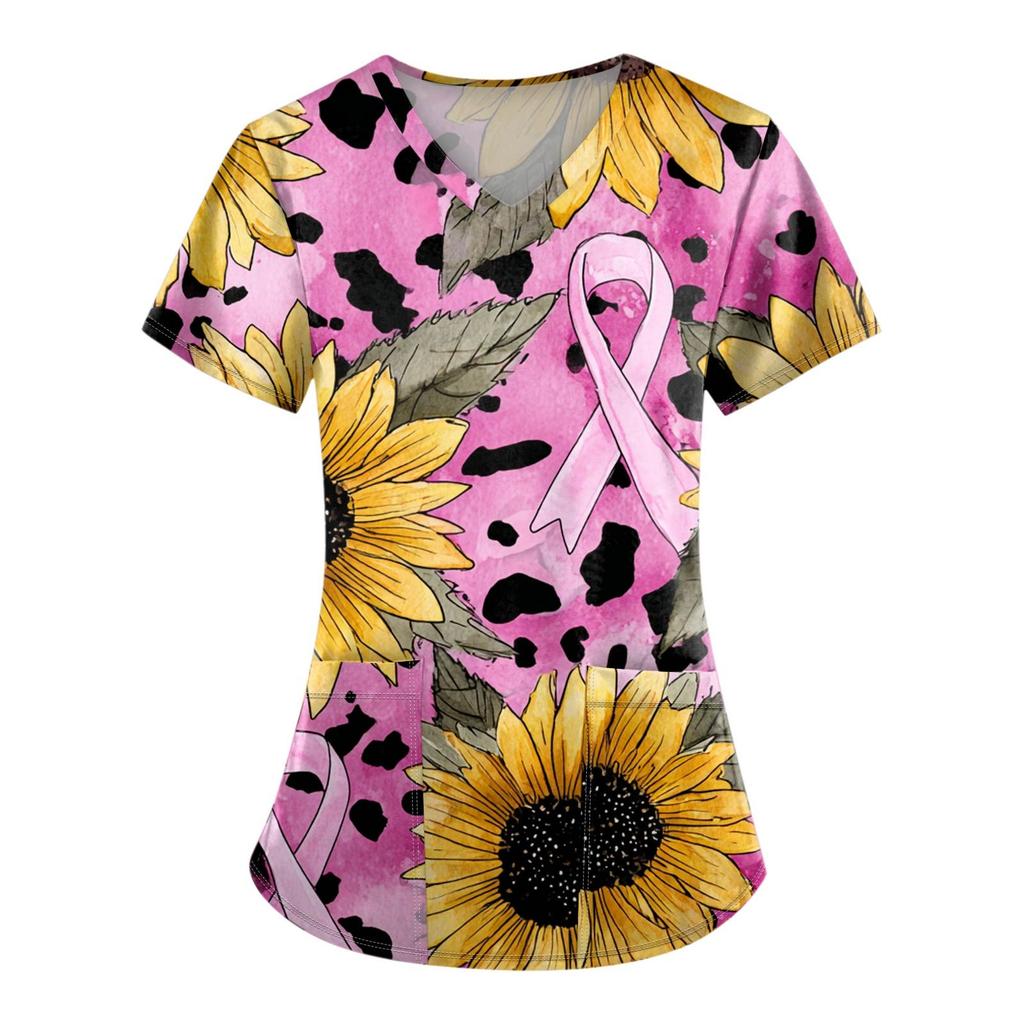 Women's Fashion V-Neck Short Sleeve Overalls With Pockets Printed Tops Clothes